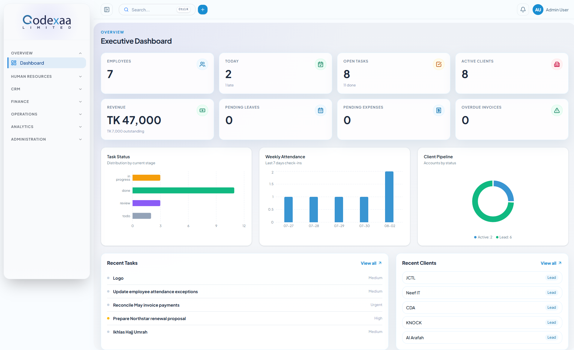 CODEXAA company productivity dashboard preview